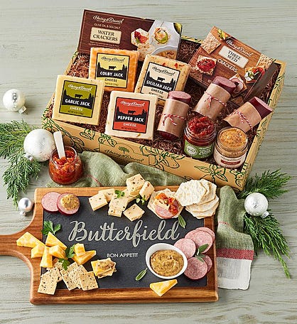 Grand Holiday Meat and Cheese Gift Box with Personalized Slate and Wood Board